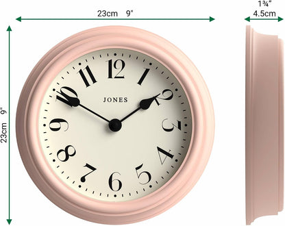 ® Frieze wall Clock | Small Elegant Classic Round Clock | 9" | Pink | Pretty Design Ideal for the Kitchen, Living Room, Bedroom, Large or Small Spaces