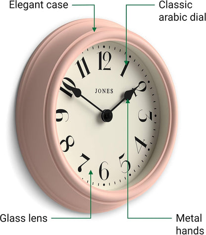 ® Frieze wall Clock | Small Elegant Classic Round Clock | 9" | Pink | Pretty Design Ideal for the Kitchen, Living Room, Bedroom, Large or Small Spaces