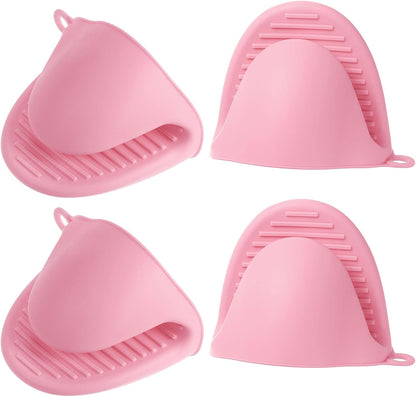 4pcs Thickened Mini Oven Gloves, Heat Resistant Silicone Oven Mitts Finger Pinch Grips Pot Holder for Kitchen, Cooking, Baking, BBQ Heat Resistant Gloves, Pink