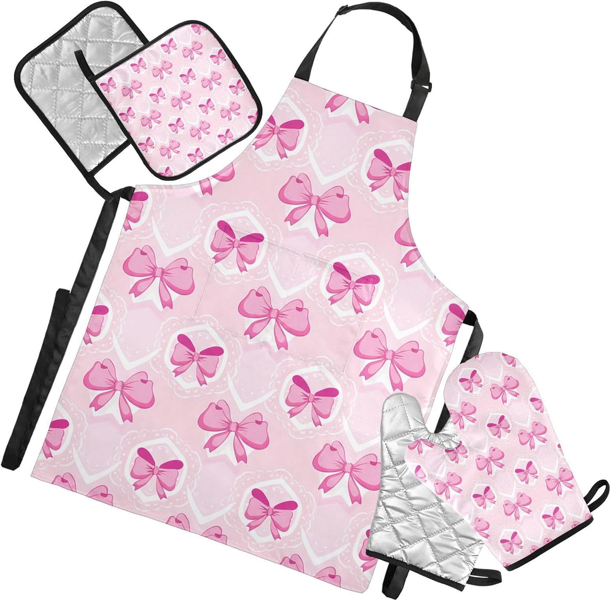 Light Pink Bows Oven Mitts and Pot Holders Sets with Adjustable Apron 5Pcs, Heat Resistant Kitchen Gloves and Non-Slip Potholders