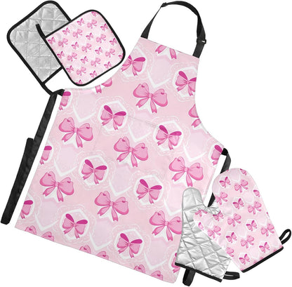 Light Pink Bows Oven Mitts and Pot Holders Sets with Adjustable Apron 5Pcs, Heat Resistant Kitchen Gloves and Non-Slip Potholders