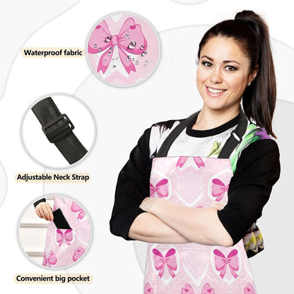 Light Pink Bows Oven Mitts and Pot Holders Sets with Adjustable Apron 5Pcs, Heat Resistant Kitchen Gloves and Non-Slip Potholders