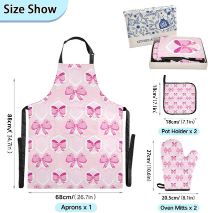 Light Pink Bows Oven Mitts and Pot Holders Sets with Adjustable Apron 5Pcs, Heat Resistant Kitchen Gloves and Non-Slip Potholders