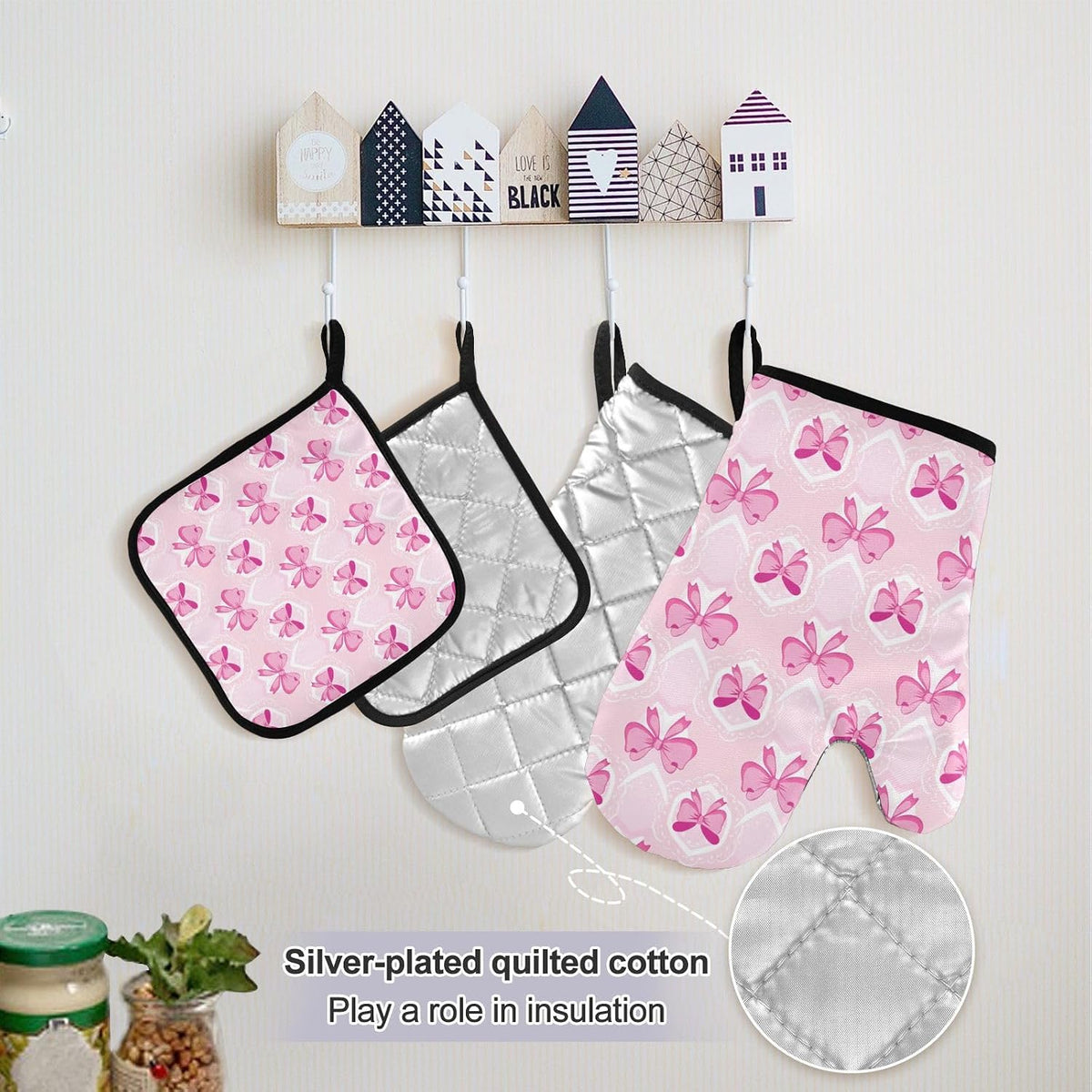 Light Pink Bows Oven Mitts and Pot Holders Sets with Adjustable Apron 5Pcs, Heat Resistant Kitchen Gloves and Non-Slip Potholders
