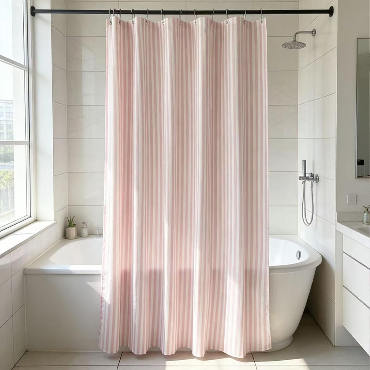 Pink Striped Shower Curtain Cotton Blend for Bathroom 72x72 in