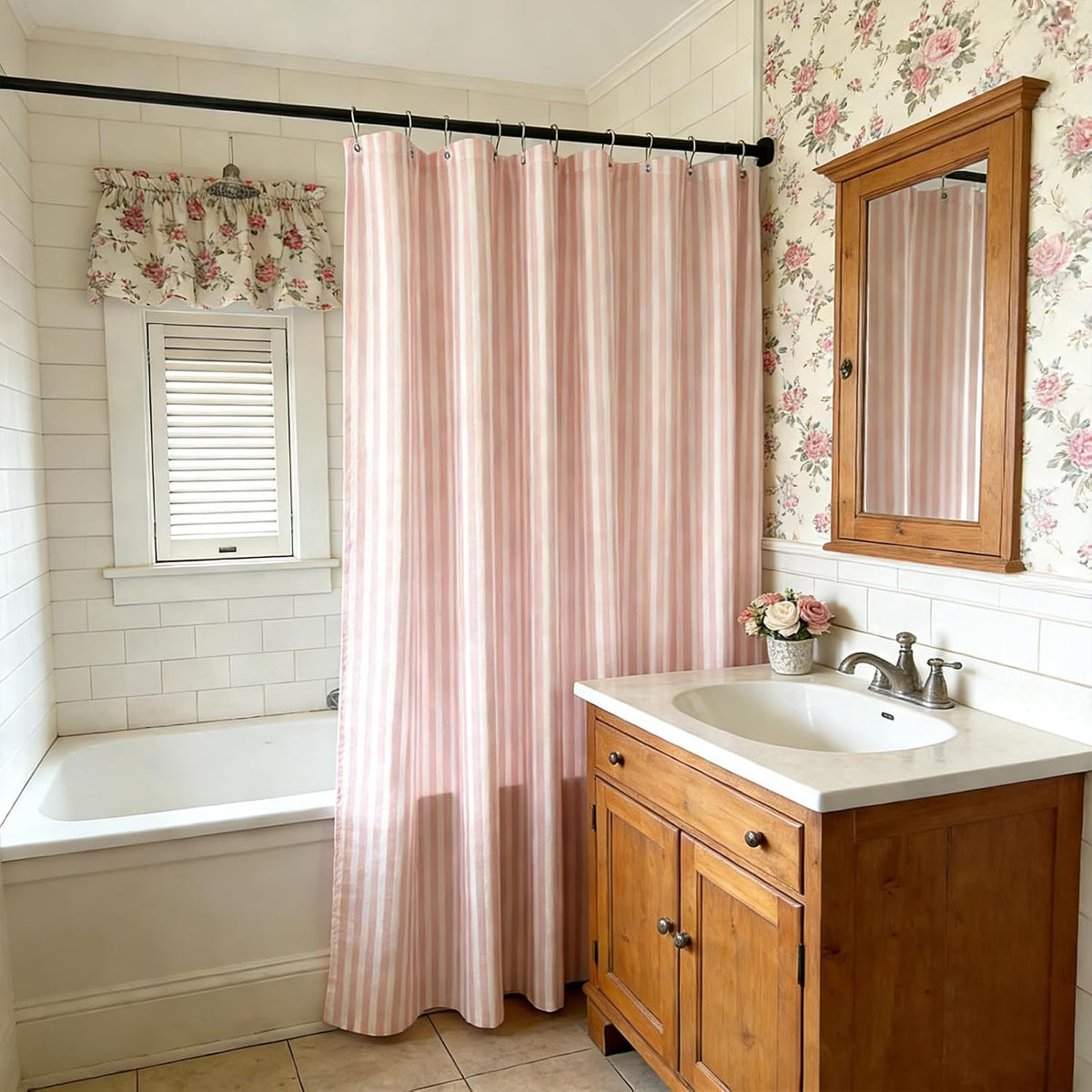 Pink Striped Shower Curtain Cotton Blend for Bathroom 72x72 in