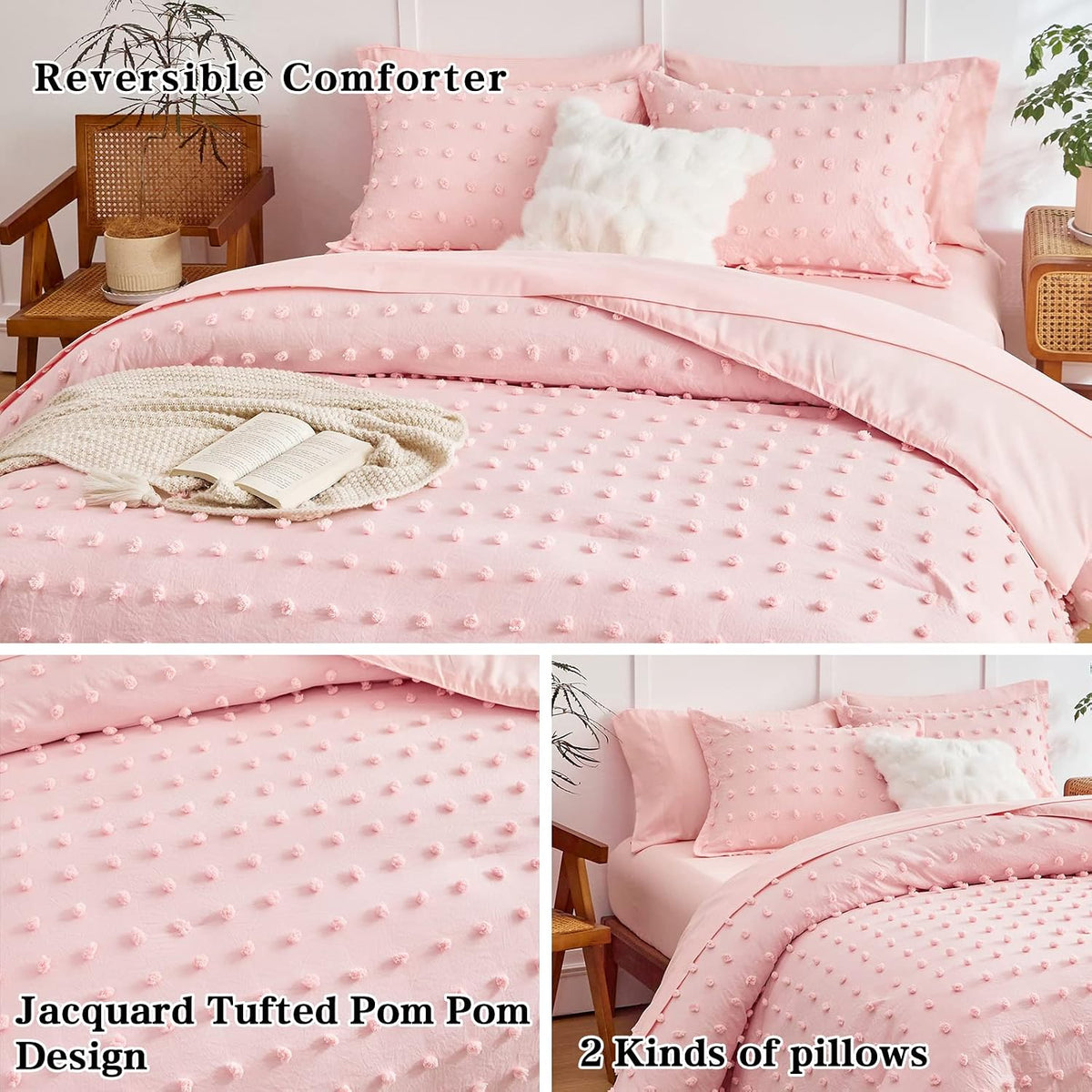 6 Pieces Tufted Dots Bed in a Bag Twin Comforter Set Girls Pink , Soft and Embroidery Shabby Chic Boho Bohemian Comforters, Luxury Solid Color with Pom Pom Design, Jacquard Tufts Bedding Set for Kids