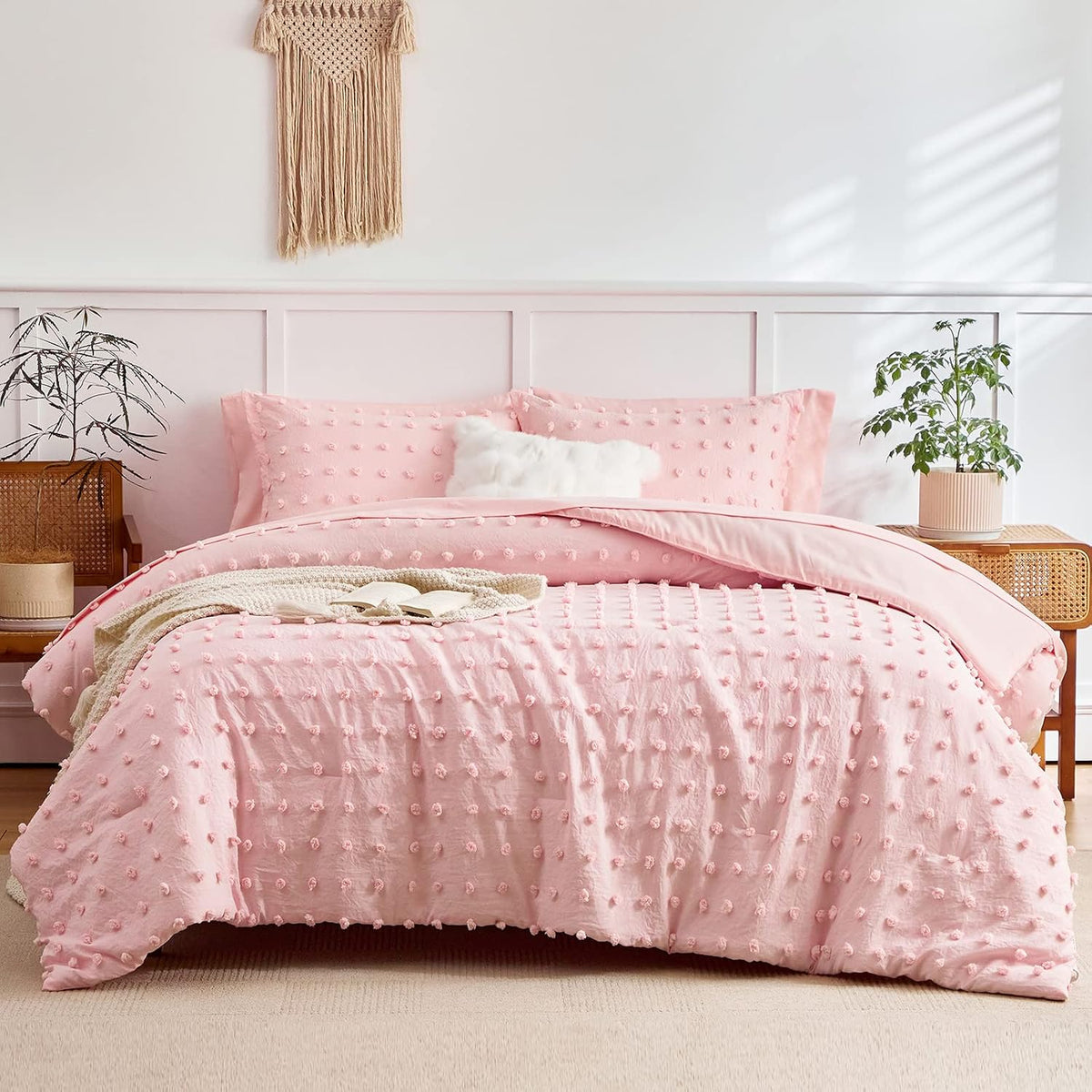 6 Pieces Tufted Dots Bed in a Bag Twin Comforter Set Girls Pink , Soft and Embroidery Shabby Chic Boho Bohemian Comforters, Luxury Solid Color with Pom Pom Design, Jacquard Tufts Bedding Set for Kids