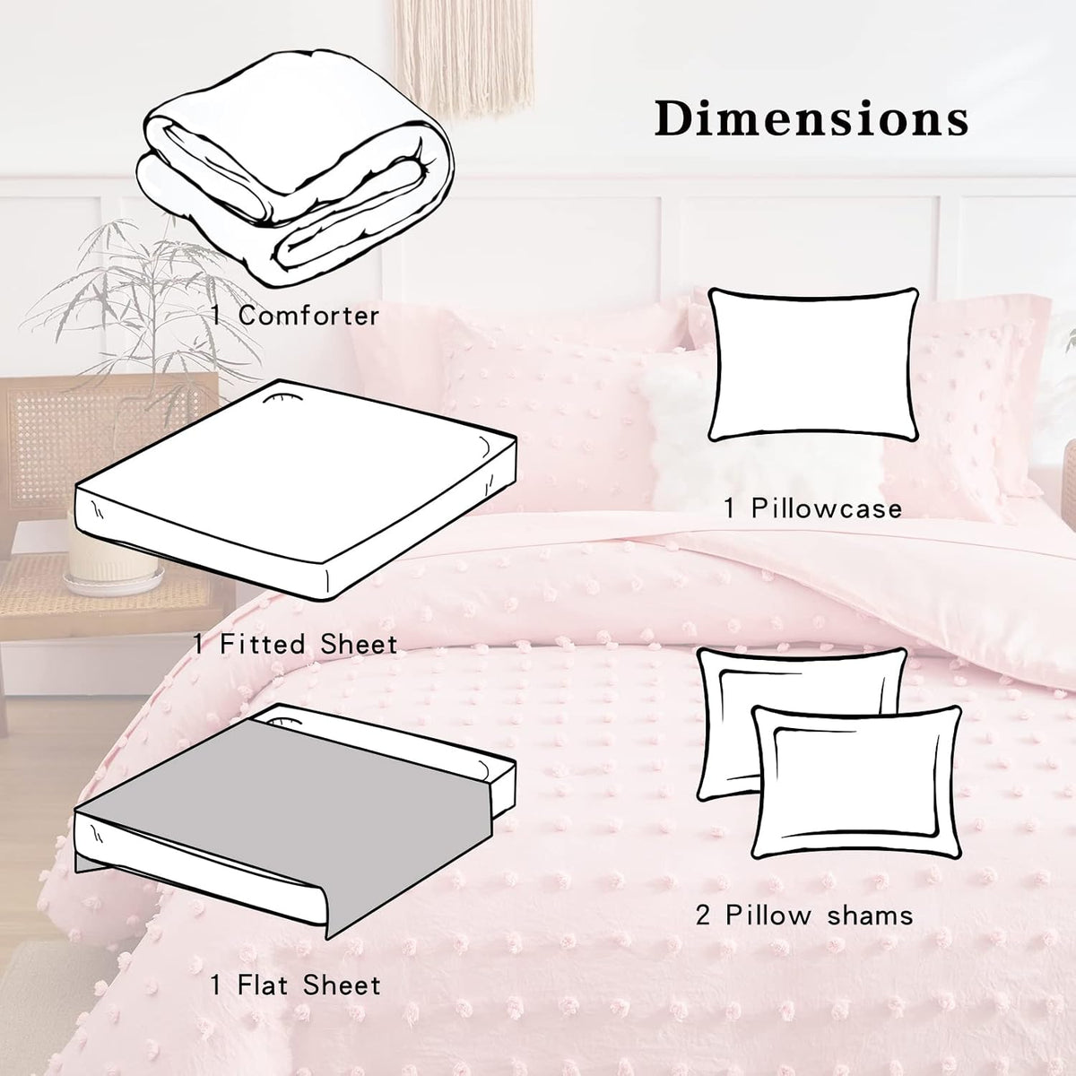 6 Pieces Tufted Dots Bed in a Bag Twin Comforter Set Girls Pink , Soft and Embroidery Shabby Chic Boho Bohemian Comforters, Luxury Solid Color with Pom Pom Design, Jacquard Tufts Bedding Set for Kids