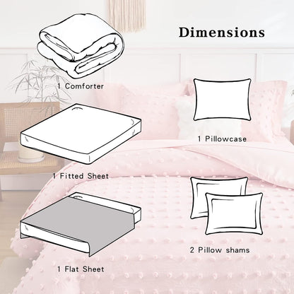 6 Pieces Tufted Dots Bed in a Bag Twin Comforter Set Girls Pink , Soft and Embroidery Shabby Chic Boho Bohemian Comforters, Luxury Solid Color with Pom Pom Design, Jacquard Tufts Bedding Set for Kids