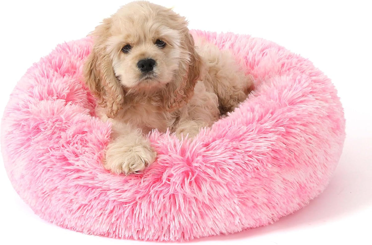 Donut Dog Bed for Small Medium Pets, Plush Calming Faux Fur