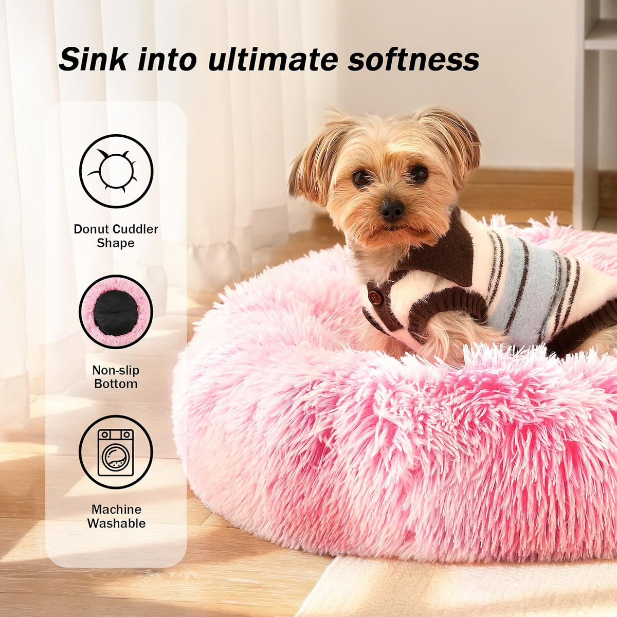 Donut Dog Bed for Small Medium Pets, Plush Calming Faux Fur