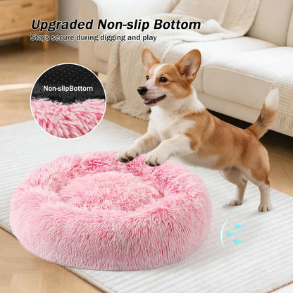 Donut Dog Bed for Small Medium Pets, Plush Calming Faux Fur