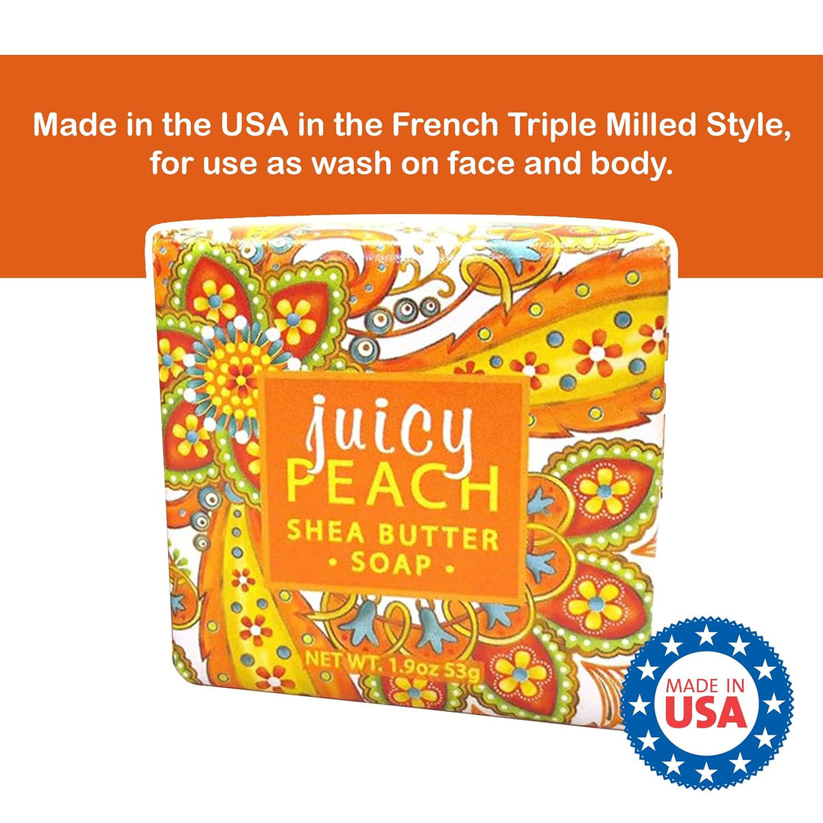 Vegan Natural Botantical Shea Butter Bar Soap, French Milled Triple Milled, Essential Oils, 6.35 ounces (Juicy Peach Shea)