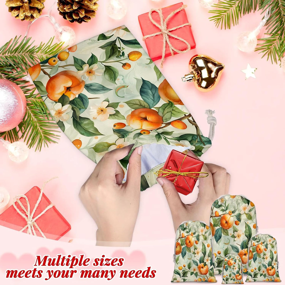Floral Peach Christmas Drawstring Gifts Bags Xmas Treat Pouch for Christmas Party Supplies Assorted Sizes for Holiday Present 15.75 x 11.8 inches