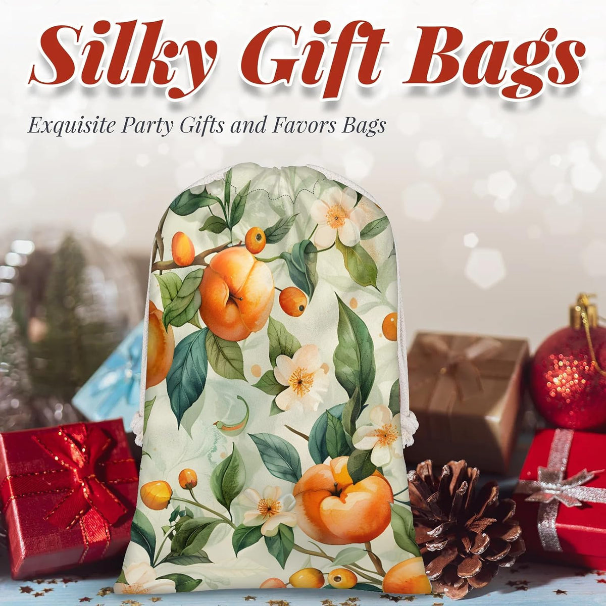 Floral Peach Christmas Drawstring Gifts Bags Xmas Treat Pouch for Christmas Party Supplies Assorted Sizes for Holiday Present 15.75 x 11.8 inches