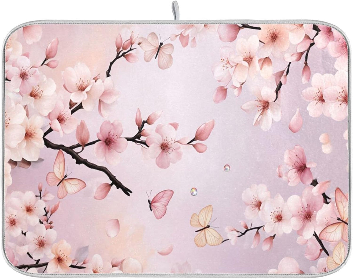Cherry Blossoms Flowers Dish Drying Mat 16x18 for Kitchen Sakura Branch Pink White Floral Dishes Pad Dish Drainer Rack Mats Absorbent Fast Dry Kitchen Accessories