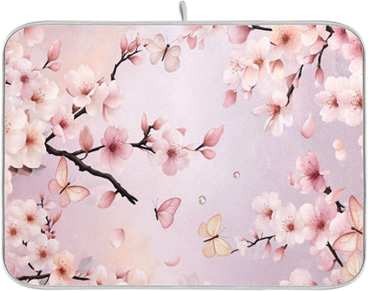 Cherry Blossoms Flowers Dish Drying Mat 16x18 for Kitchen Sakura Branch Pink White Floral Dishes Pad Dish Drainer Rack Mats Absorbent Fast Dry Kitchen Accessories