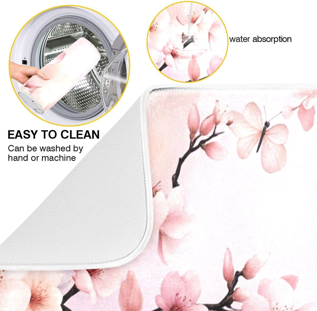 Cherry Blossoms Flowers Dish Drying Mat 16x18 for Kitchen Sakura Branch Pink White Floral Dishes Pad Dish Drainer Rack Mats Absorbent Fast Dry Kitchen Accessories