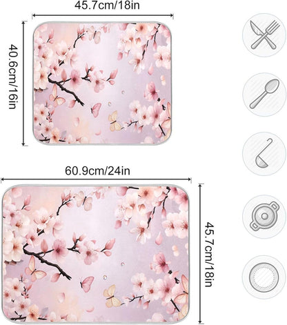 Cherry Blossoms Flowers Dish Drying Mat 16x18 for Kitchen Sakura Branch Pink White Floral Dishes Pad Dish Drainer Rack Mats Absorbent Fast Dry Kitchen Accessories