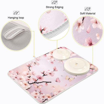 Cherry Blossoms Flowers Dish Drying Mat 16x18 for Kitchen Sakura Branch Pink White Floral Dishes Pad Dish Drainer Rack Mats Absorbent Fast Dry Kitchen Accessories