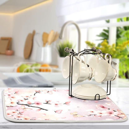 Cherry Blossoms Flowers Dish Drying Mat 16x18 for Kitchen Sakura Branch Pink White Floral Dishes Pad Dish Drainer Rack Mats Absorbent Fast Dry Kitchen Accessories