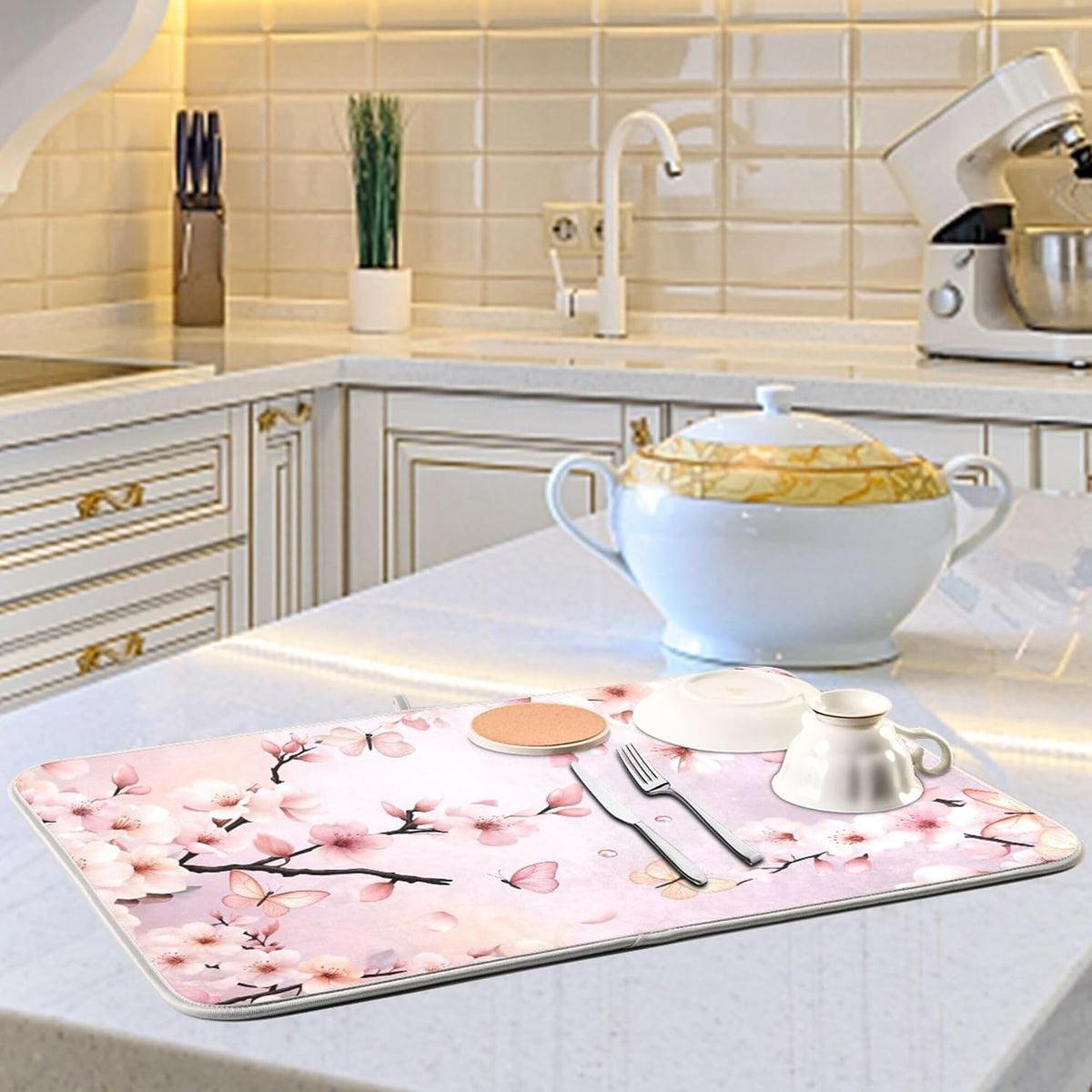 Cherry Blossoms Flowers Dish Drying Mat 16x18 for Kitchen Sakura Branch Pink White Floral Dishes Pad Dish Drainer Rack Mats Absorbent Fast Dry Kitchen Accessories