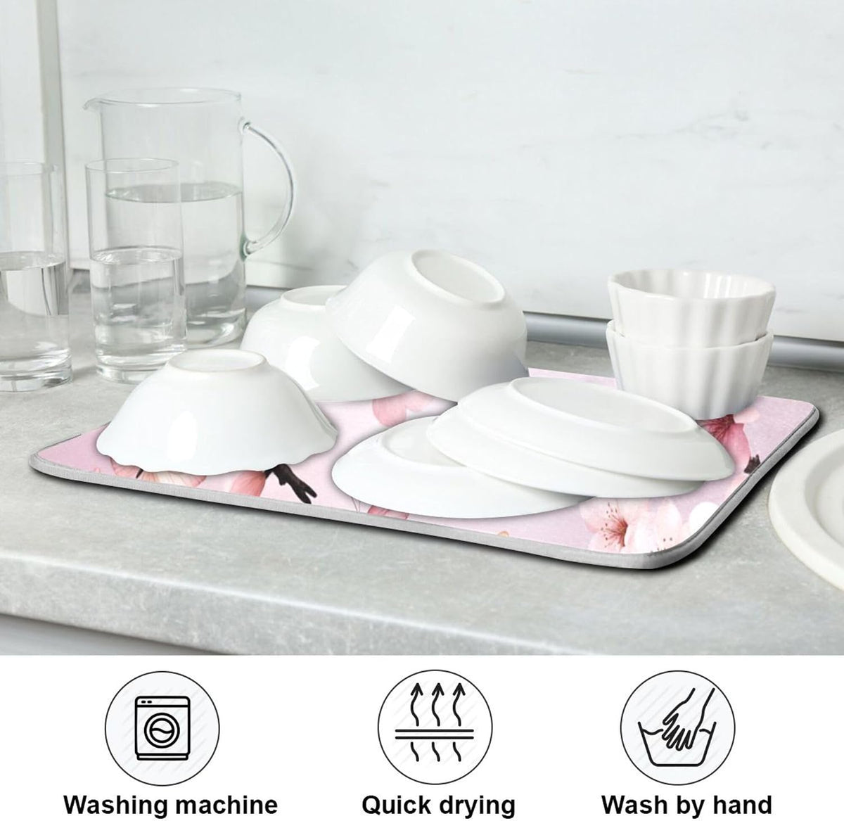 Cherry Blossoms Flowers Dish Drying Mat 16x18 for Kitchen Sakura Branch Pink White Floral Dishes Pad Dish Drainer Rack Mats Absorbent Fast Dry Kitchen Accessories