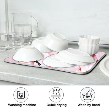 Cherry Blossoms Flowers Dish Drying Mat 16x18 for Kitchen Sakura Branch Pink White Floral Dishes Pad Dish Drainer Rack Mats Absorbent Fast Dry Kitchen Accessories