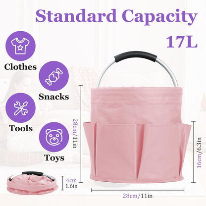 17L Portable Shower Caddy with 6 Side Pockets, Foldable Cleaning Supply Caddy with Handle, Garden Tool Bag in 600D Oxford Fabric, Multifunctional Storage Basket for Showers, Picnics, Pink