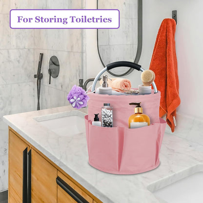 17L Portable Shower Caddy with 6 Side Pockets, Foldable Cleaning Supply Caddy with Handle, Garden Tool Bag in 600D Oxford Fabric, Multifunctional Storage Basket for Showers, Picnics, Pink