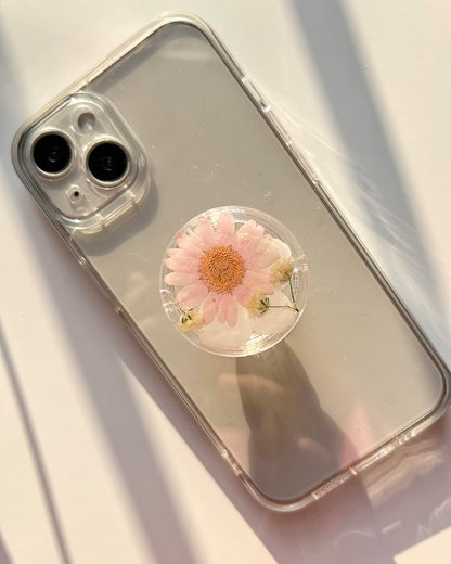Pressed Pink Daisy Flowers Phone Grip Holder, Expandible Collapsible Transparent Cell Phone Accessory, Dried Natural Flowers Phone Stand, Phone Charms Tablet Support