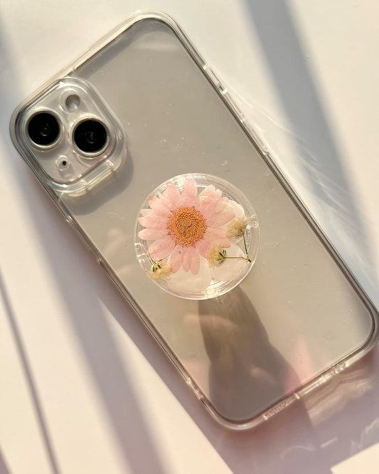 Pressed Pink Daisy Flowers Phone Grip Holder, Expandible Collapsible Transparent Cell Phone Accessory, Dried Natural Flowers Phone Stand, Phone Charms Tablet Support