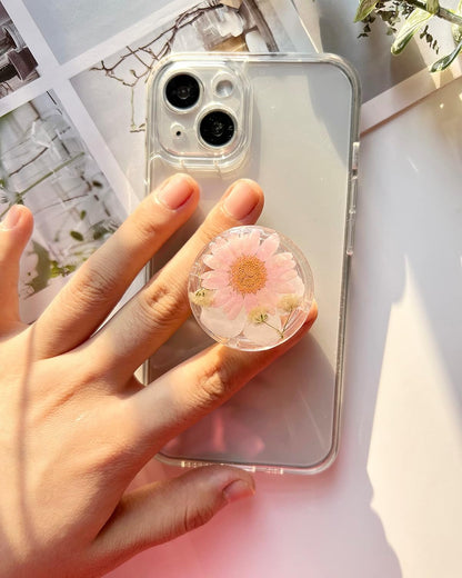 Pressed Pink Daisy Flowers Phone Grip Holder, Expandible Collapsible Transparent Cell Phone Accessory, Dried Natural Flowers Phone Stand, Phone Charms Tablet Support