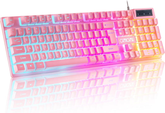 Light Up Cute Pink Gaming Keyboard, 3 Color LED Backlit for PC Computer PS5