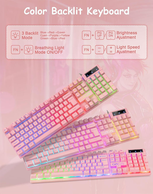 Light Up Cute Pink Gaming Keyboard, 3 Color LED Backlit for PC Computer PS5