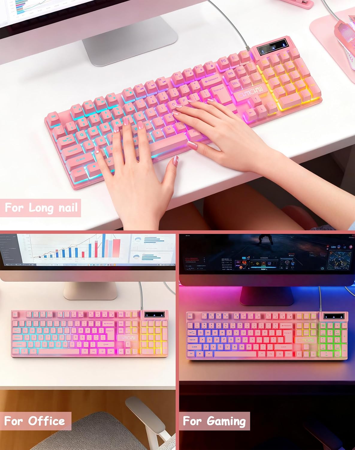 Light Up Cute Pink Gaming Keyboard, 3 Color LED Backlit for PC Computer PS5