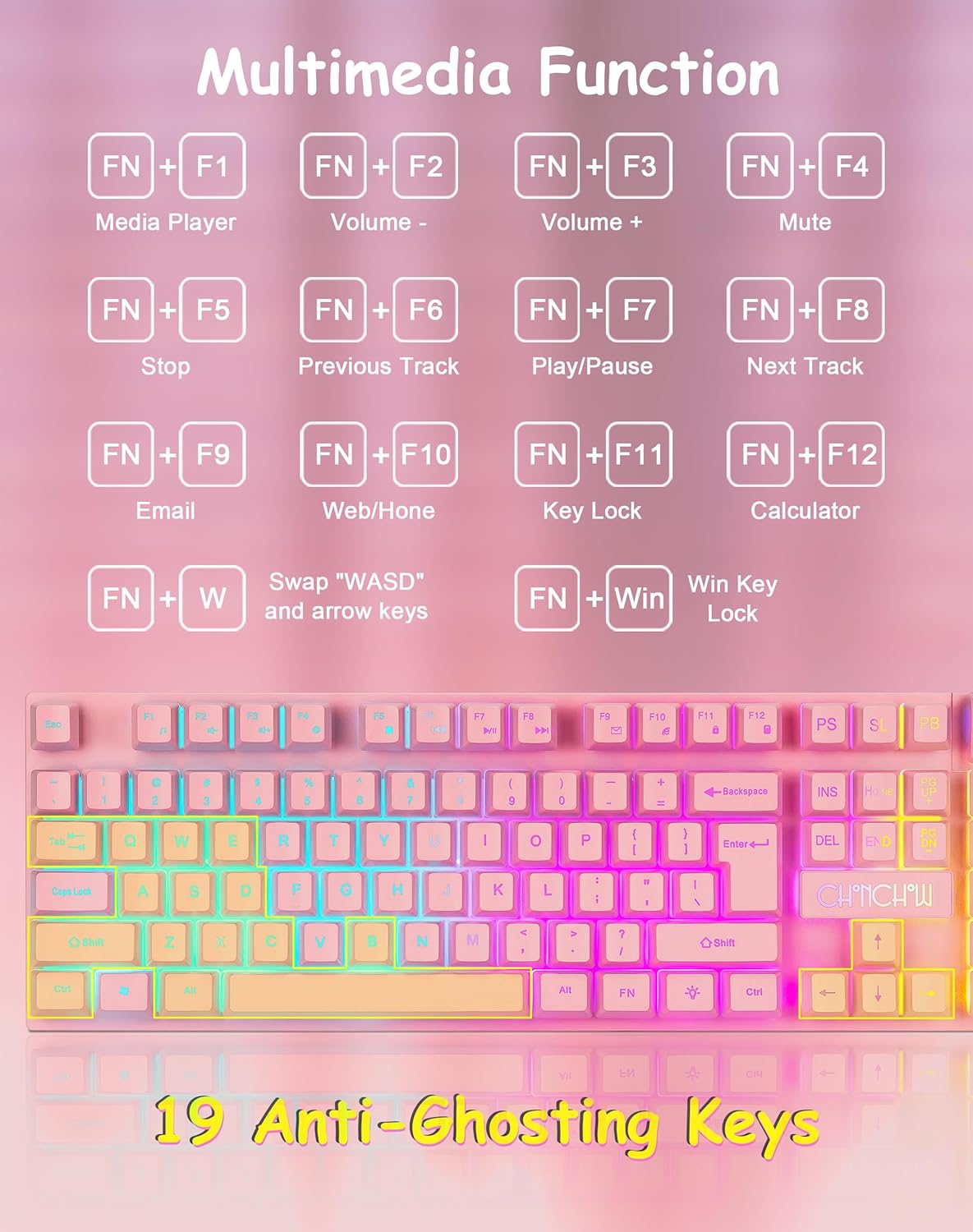Light Up Cute Pink Gaming Keyboard, 3 Color LED Backlit for PC Computer PS5