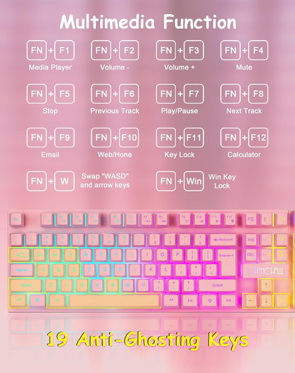 Light Up Cute Pink Gaming Keyboard, 3 Color LED Backlit for PC Computer PS5