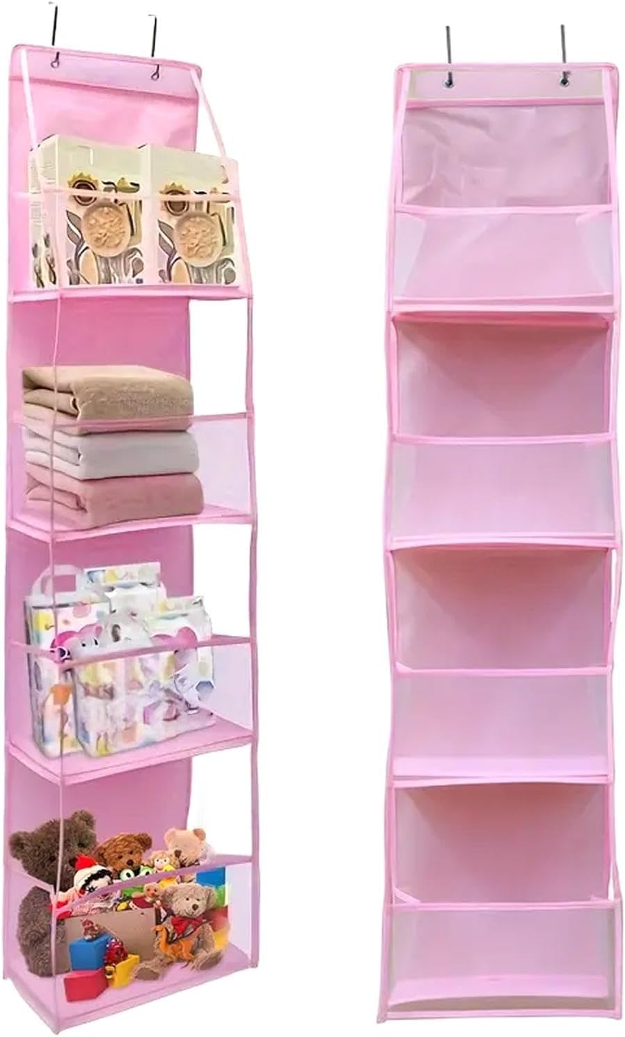 Over The Door Organizer Storage,4 Shelf Swing-Proof Behind Door Organizers with Metal Hooks,Closet Hanging Organizer with 4 Large Clear Pocket for Bedroom,Bathroom,Pantry(Pink)