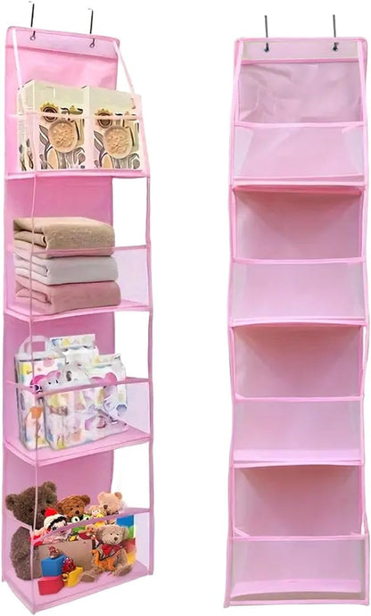 Over The Door Organizer Storage,4 Shelf Swing-Proof Behind Door Organizers with Metal Hooks,Closet Hanging Organizer with 4 Large Clear Pocket for Bedroom,Bathroom,Pantry(Pink)