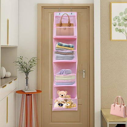 Over The Door Organizer Storage,4 Shelf Swing-Proof Behind Door Organizers with Metal Hooks,Closet Hanging Organizer with 4 Large Clear Pocket for Bedroom,Bathroom,Pantry(Pink)