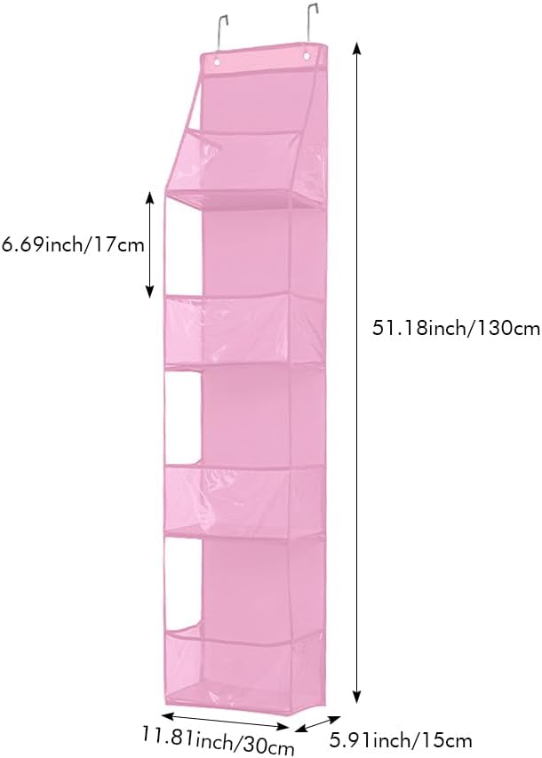 Over The Door Organizer Storage,4 Shelf Swing-Proof Behind Door Organizers with Metal Hooks,Closet Hanging Organizer with 4 Large Clear Pocket for Bedroom,Bathroom,Pantry(Pink)