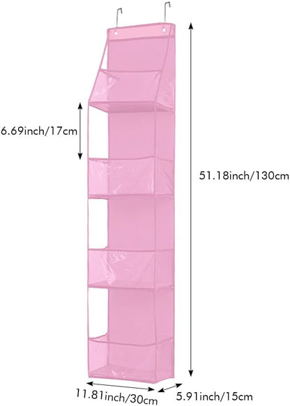 Over The Door Organizer Storage,4 Shelf Swing-Proof Behind Door Organizers with Metal Hooks,Closet Hanging Organizer with 4 Large Clear Pocket for Bedroom,Bathroom,Pantry(Pink)