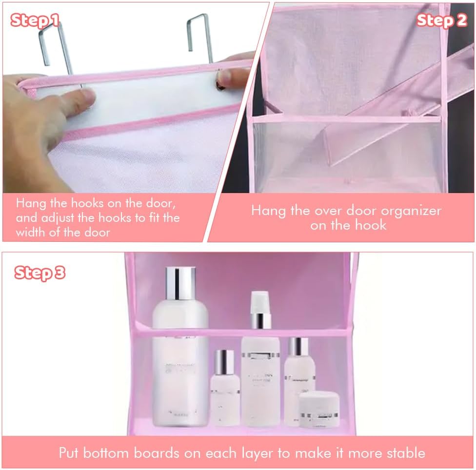 Over The Door Organizer Storage,4 Shelf Swing-Proof Behind Door Organizers with Metal Hooks,Closet Hanging Organizer with 4 Large Clear Pocket for Bedroom,Bathroom,Pantry(Pink)