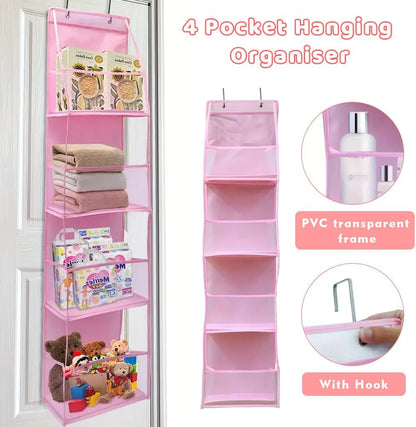 Over The Door Organizer Storage,4 Shelf Swing-Proof Behind Door Organizers with Metal Hooks,Closet Hanging Organizer with 4 Large Clear Pocket for Bedroom,Bathroom,Pantry(Pink)