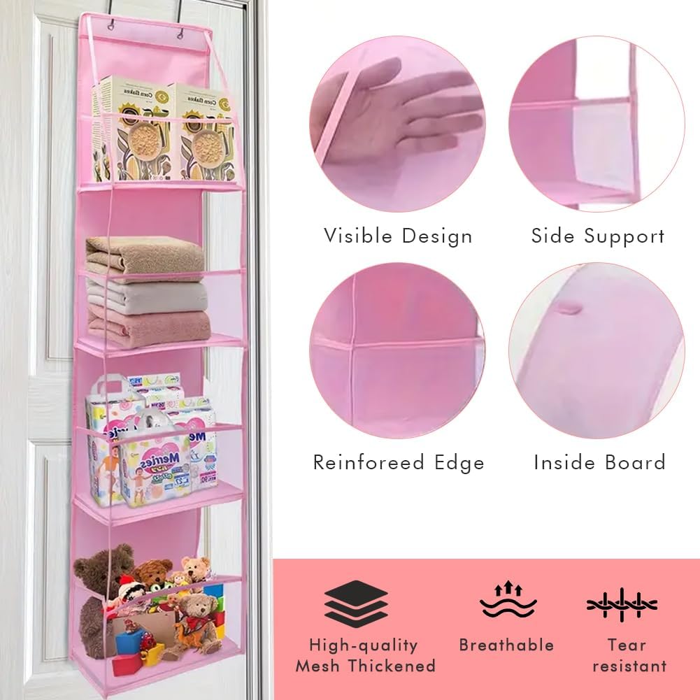 Over The Door Organizer Storage,4 Shelf Swing-Proof Behind Door Organizers with Metal Hooks,Closet Hanging Organizer with 4 Large Clear Pocket for Bedroom,Bathroom,Pantry(Pink)