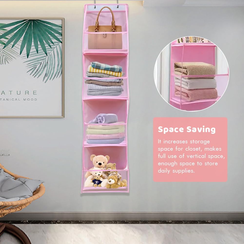 Over The Door Organizer Storage,4 Shelf Swing-Proof Behind Door Organizers with Metal Hooks,Closet Hanging Organizer with 4 Large Clear Pocket for Bedroom,Bathroom,Pantry(Pink)