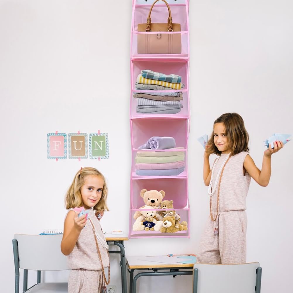 Over The Door Organizer Storage,4 Shelf Swing-Proof Behind Door Organizers with Metal Hooks,Closet Hanging Organizer with 4 Large Clear Pocket for Bedroom,Bathroom,Pantry(Pink)
