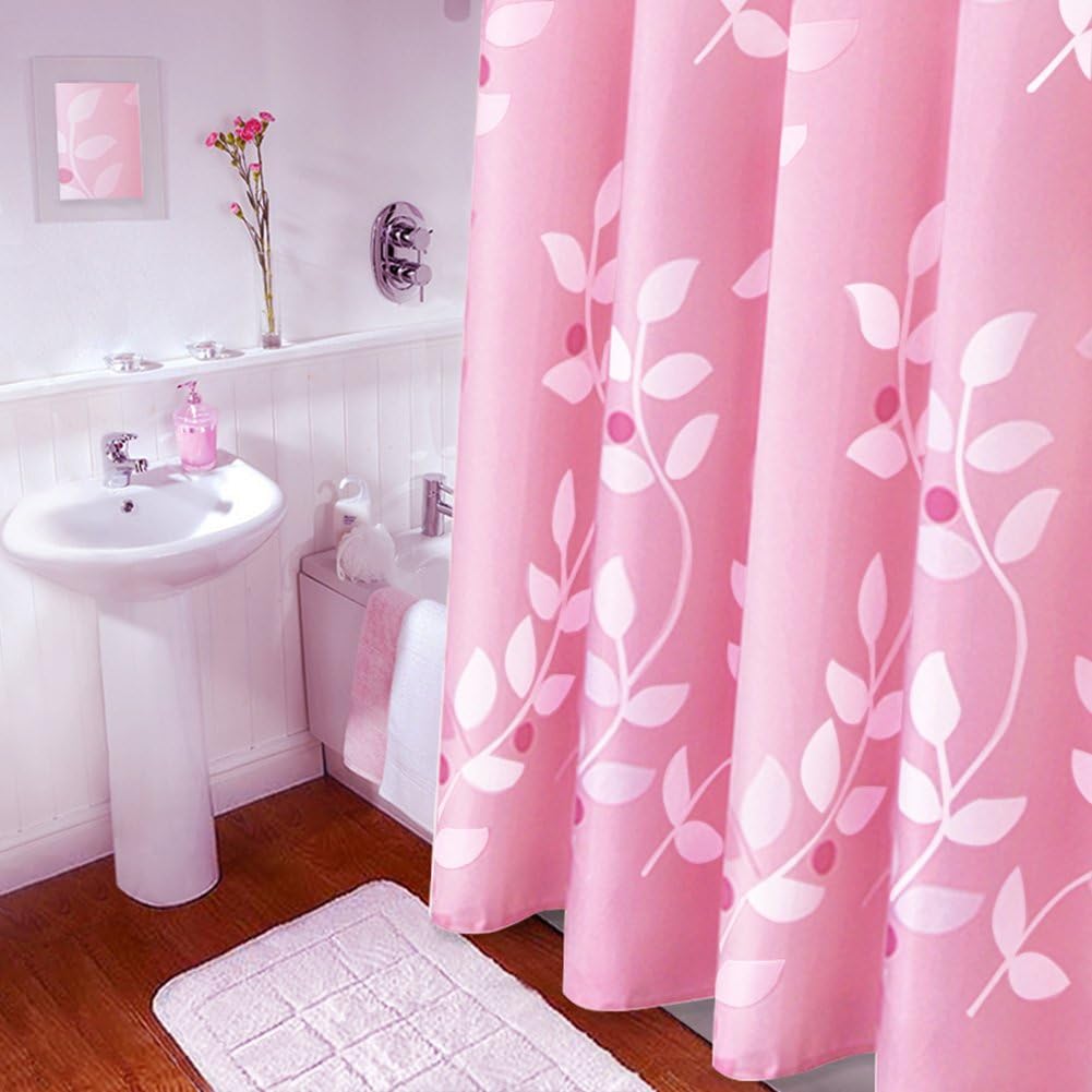Pink Leaves Decor Soft Fabric Shower Curtain Water-Repellent Eco-Friendly Cute Polyester Fabric Bath Curtains, 72" X 72"